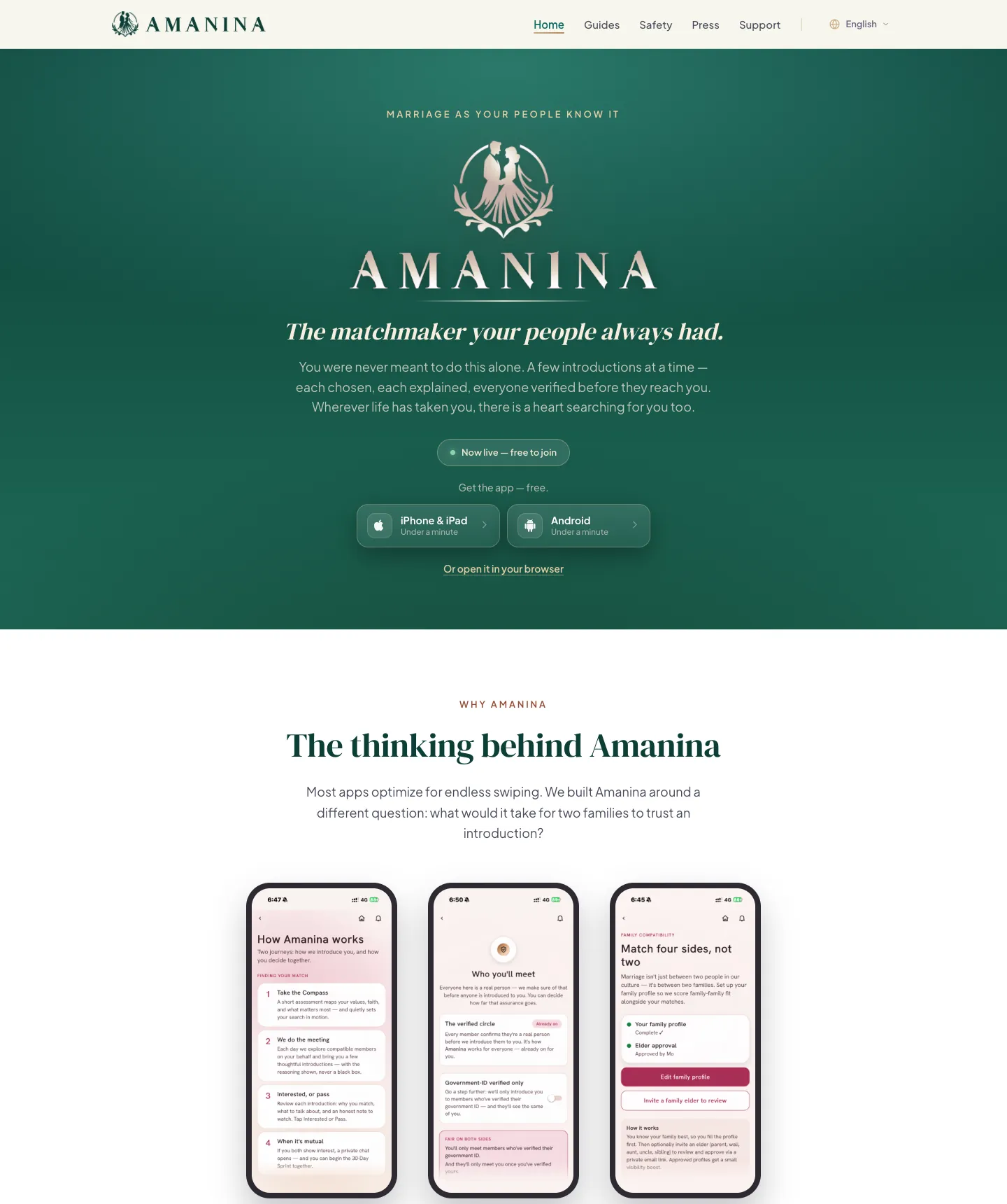 The amanina.ca homepage in English: the hero and three screens from the app