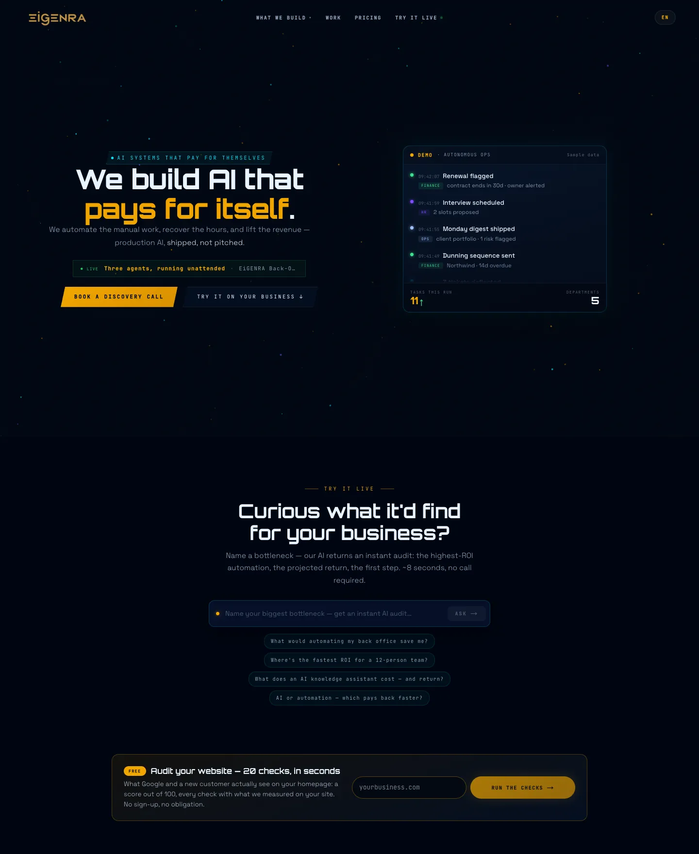 The eigenra.com homepage in English: the hero, the ask box and the website audit