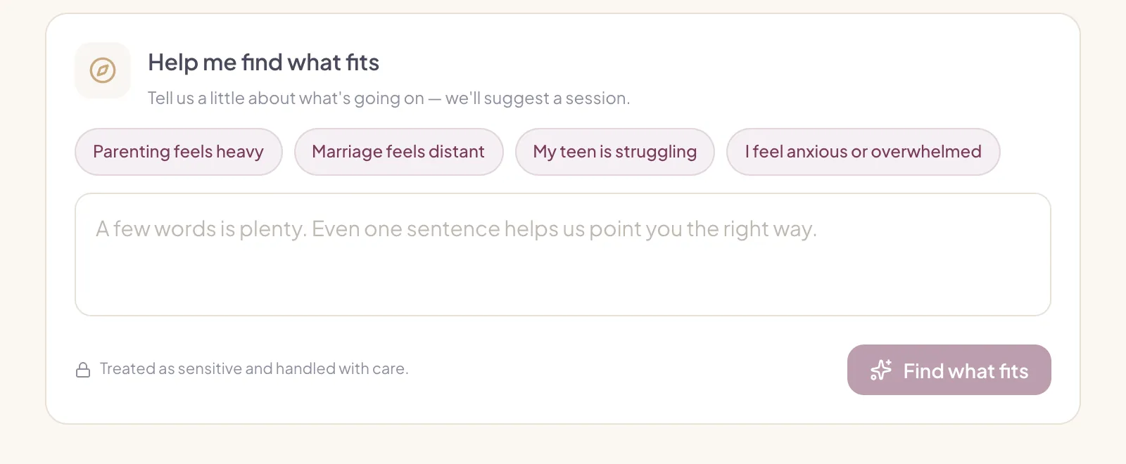 The “Help me find what fits” card on mamahala.ca's booking page, with its four suggestion chips (screenshot, 9 Oct 2026)