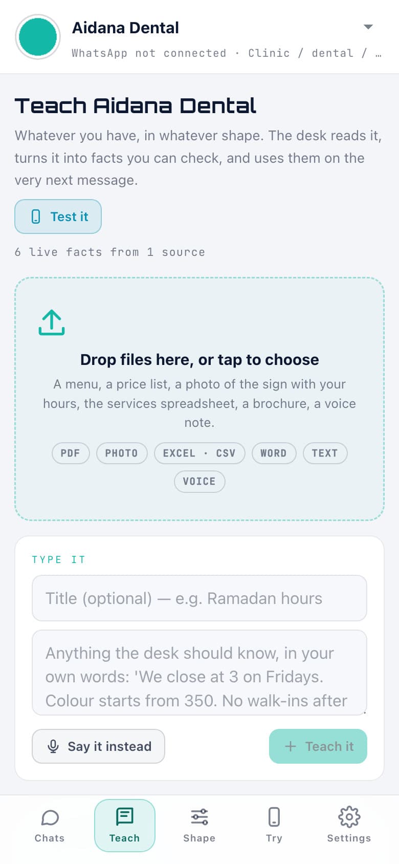 The Desk app's Teach tab, with sample data